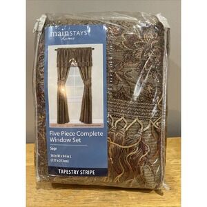 Mainstays Home Tapestry Stripe Five Piece Window Set Tan Red Sage 54x84" NEW